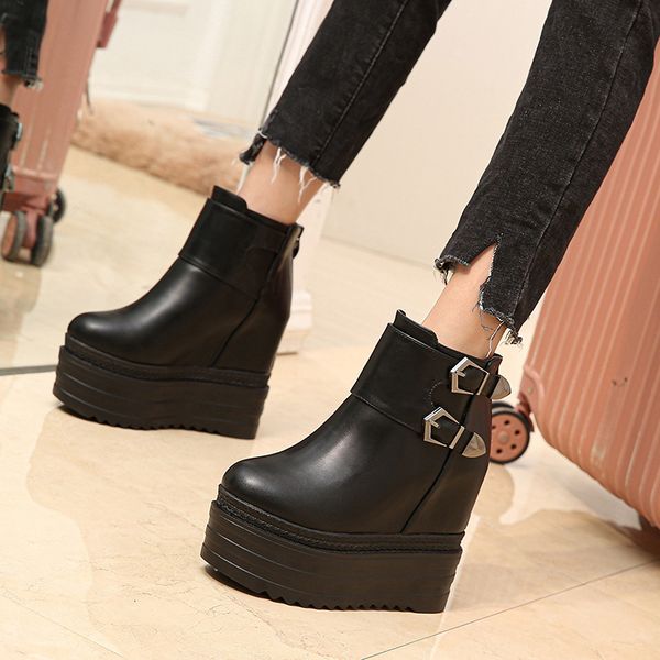 

wedges womens boots black boots british style thick-soled increase within short 13 cm super high heel ankle
