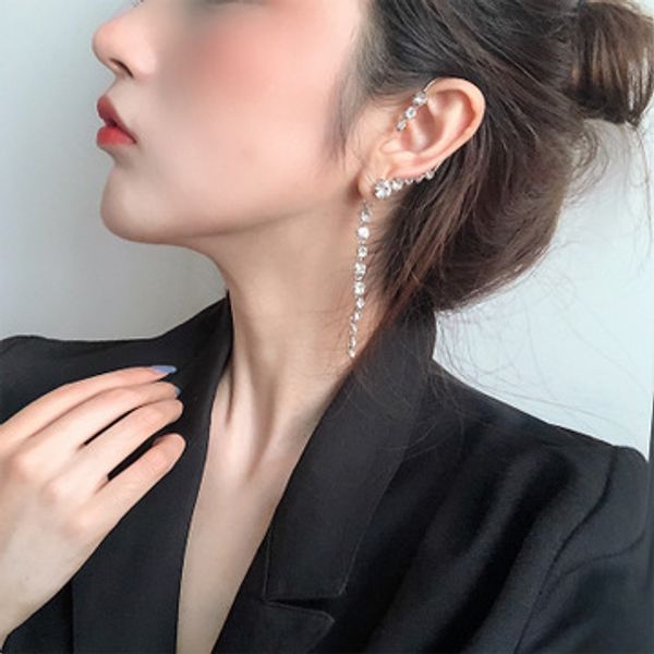 

new korean jewelry long ear clip crystal pendant single earring gift for women and girl, Silver