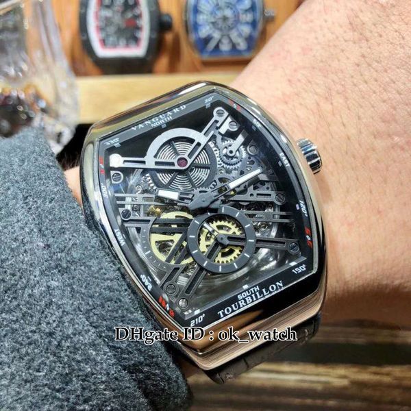 

men's collection vanguard v 45 s6 sqt automatic men's watch 42mm skeleton black dial leather rubber strap gents sport watches birt, Slivery;brown
