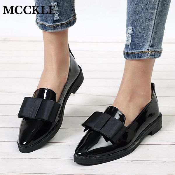

mcckle autumn flats women shoes bowtie loafers patent leather women's low heels slip on footwear female pointed toe thick heel, Black