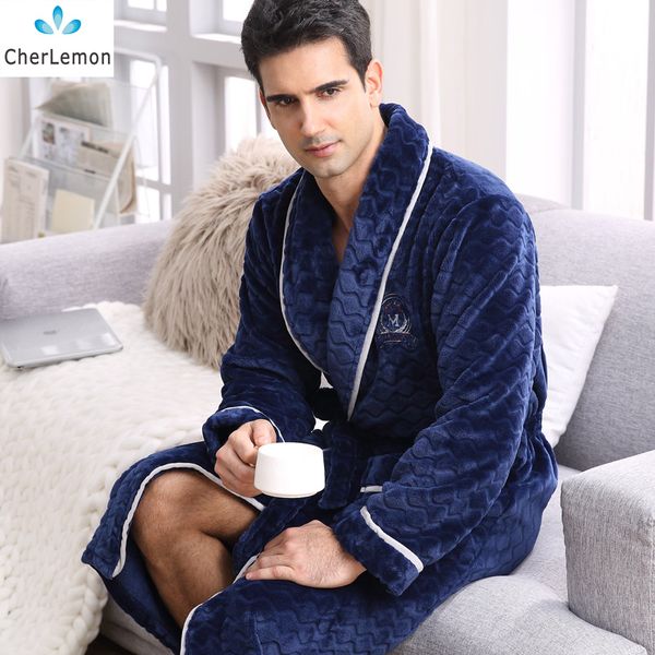 

cherlemon winter flannel robe sleepwear thicking mens warm spa bathrobe pajamas male long sleeve belt solid soft homewear, Black;brown