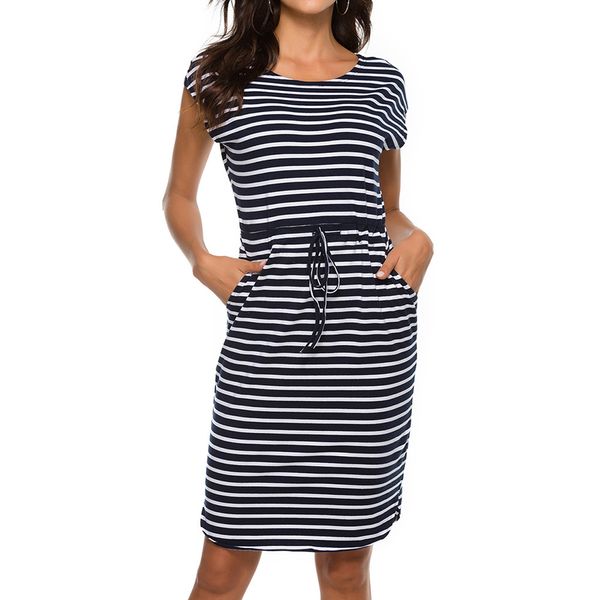 

2020 casual striped waist loose dress, Black;gray