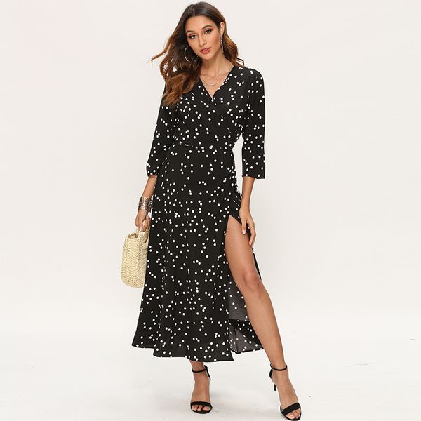 

Februaryfrost 2020 Women Sexy Boho V Neck Polka Dot Long Dress Slim Side Split Three Quarter Sleeve Dress Beach Party Dresses
