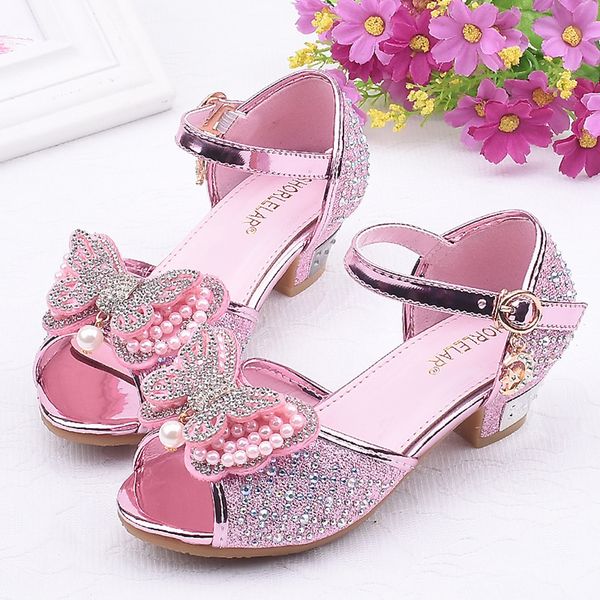 

princess kids leather shoes for girls flower casual glitter children high heel girls shoes butterfly knot blue pink silver t200427, Black;red