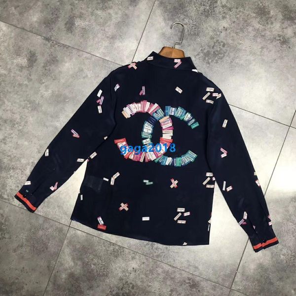 

high end женщины девушки шелковая рубашка многоцветный на всем протяжении письмо печати однобортный лацкан шеи с длинным рукавом тройник блу, White