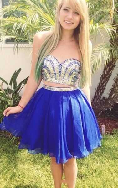 Royal Blue 2 peças A-Line Prom Homecoming Vestidos barato 2019 Rhinestones Strapless Strapless Backless Sweet Graduation Dress para 15 meninas