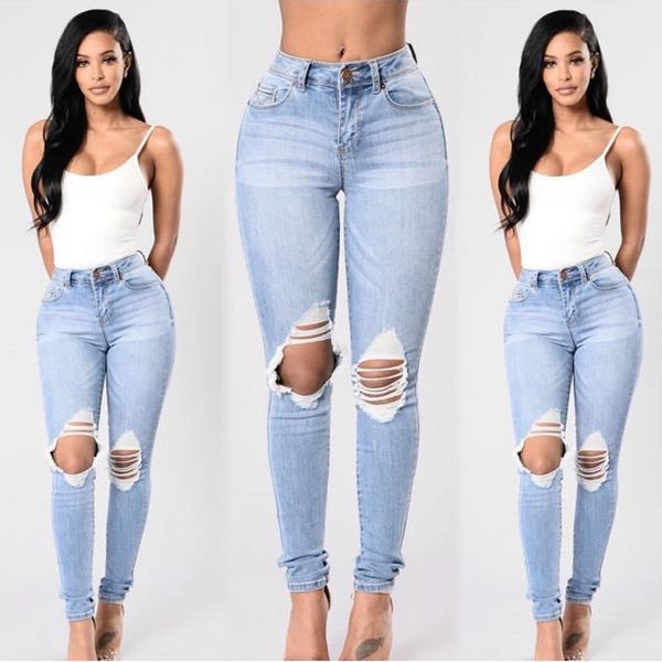 

p shoot cat jeans large size dress europe and america foreign trade with holes small feet long pants, Blue