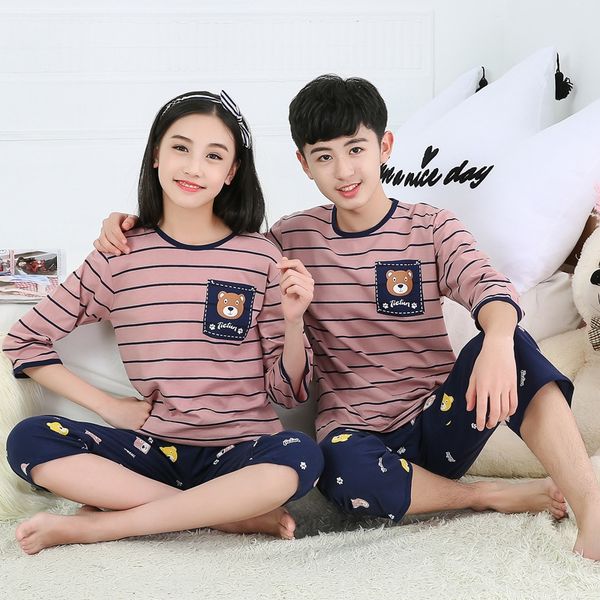 

teenagers and children's set home home clothes set cotton air-conditioned clothes thin cuhk boys' and girls' pajamas, Blue;red
