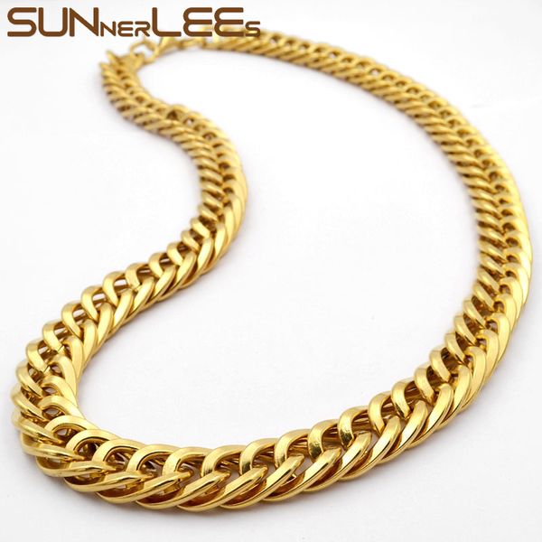 

sunnerlees fashion jewelry 316l stainless steel necklace 14mm huge double curb cuban link chain gold color for men women sc913 n, Silver