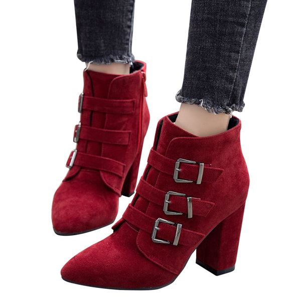 

fashion booties for women autumn winter women boots pure color pointed toe zipper boots chunky heels vintage, Black
