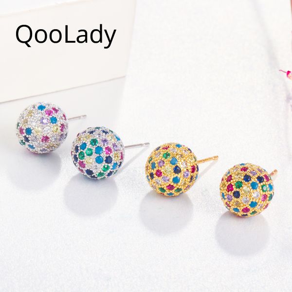 

stud qoolady trendy korean micro pave full multicolor round cubic zirconia crystal silver color earrings girl star jewelry e171, Golden;silver