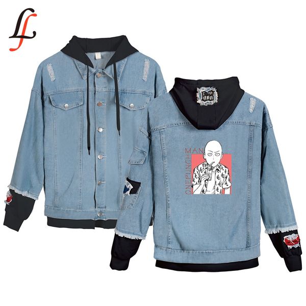 

one punch man season 2 new cowboy women/men autumn winter fashion stitching hooded broken hole stitching denim jacket plus size, Black;brown