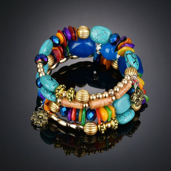 

european and american bracelets retro imitation natural stone pine agate beaded multi-layer winding bracelet bracelet, Golden;silver
