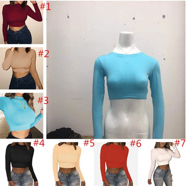 

fashion designer women t shirt long sleeve bare midriff t shirt solid color round neck crop t shirt autumn winter casual clothes new, Black