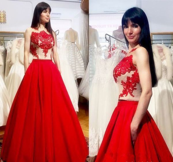 

vintage 2019 red satin lace illusion long prom dresses sleeveless a line floor length formal evening dresses new party gowns 32, Black