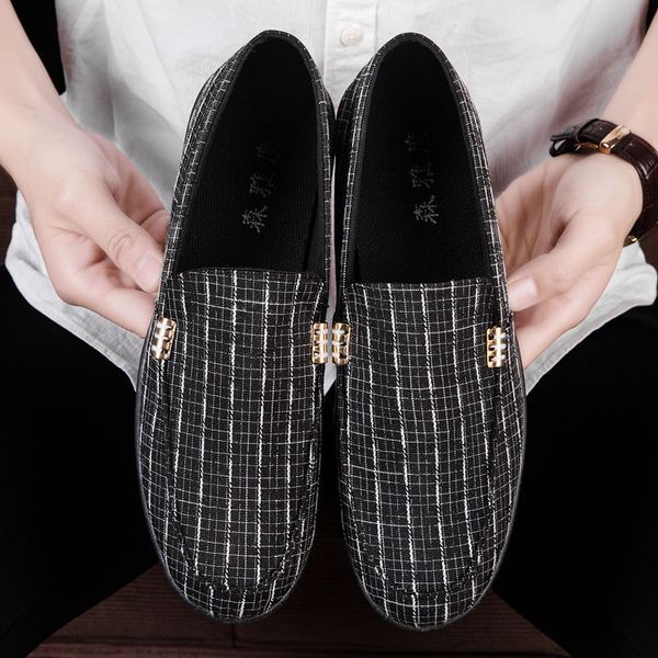 

men shoes plaid non-slip breathable lazy canvas shoes fashion selling casual loafers, Black