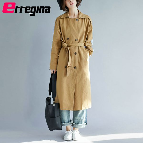 

erregina elegant long women's coat lapel with pockets belted jackets khaki black coats female winter outerwear plus size, Tan;black