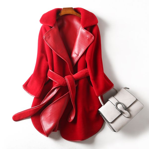 

pu leather jacket 2019 winter coat women real fur coat double-faced fur wool jacket coats double-sided wear plus size zt424, Black