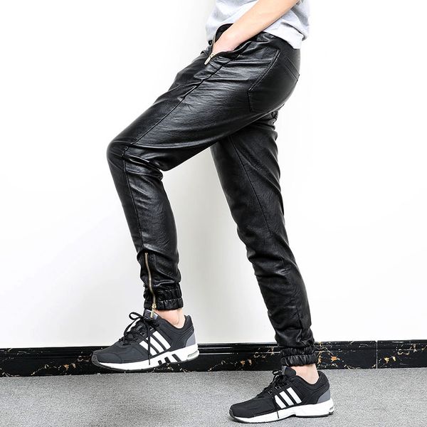 

2019 korean style unique zipper design pu leather pants men casual slim drawstring locomotive leather beam pants for men,28-36, Black