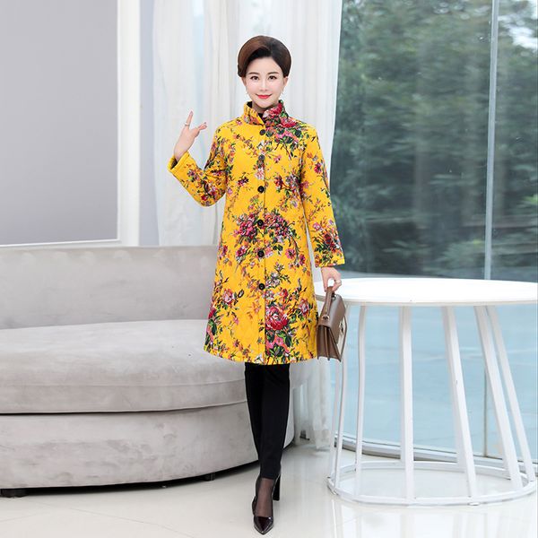 

2019 autumn and winter new style ethnic-style cotton linen padded cotton overcoat loose and plus-sized mid-length middle-aged wo, Blue;black