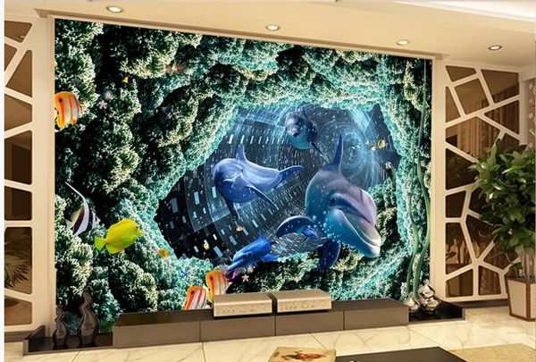 

3d stereoscopic dolphin wallpapers tv background wall decoration painting