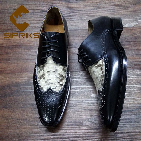 

sipriks luxury imported france claf leather shoes with snakeskin vintage classic brogue shoes italian custom goodyear welted 44, Black