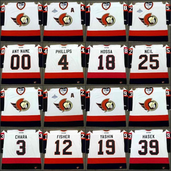 

ottawa senators 3 zdeno chara 4 chris phillips 12 mike fisher 18 marian hossa 19 alexei yashin 25 chris neil 39 dominik hasek, Black;red