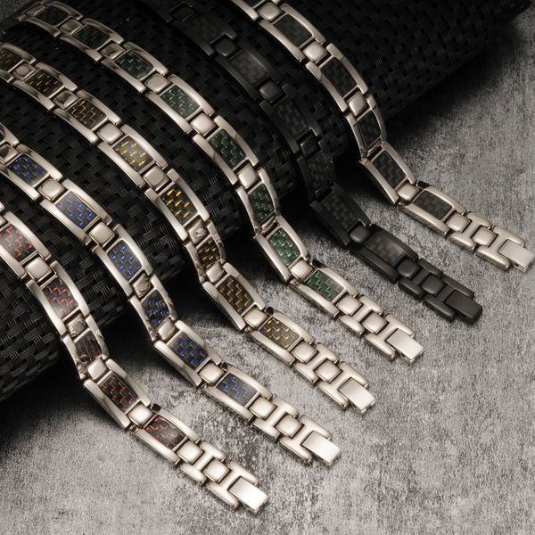

vinterly pure titanium magnetic bracelet men black carbon fiber charms men bracelet health energy germanium hologram bracelets, Golden;silver