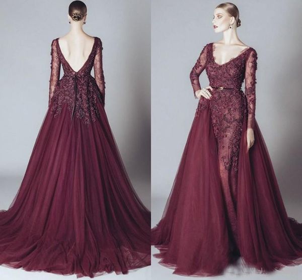 

Elegant Burgundy Celebrity Evening Dresses Backless V Neck Long Sleeves 2018 Elie Saab Dress Arabic Party Gowns Cheap Prom Gown