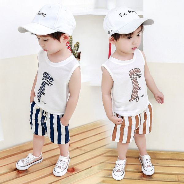 

toddler boy clothes set summer baby kids boys sport suits children's striped dinosaur vest shorts tracksuit clothes 1 3 8 years, White