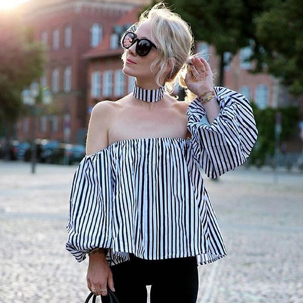 

striped cold shoulder blouse shirt women halter long sleeve lantern loose female blouse fashion vintage linen clothing shirt, White