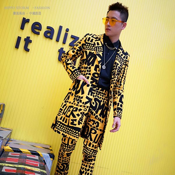 

new personality yellow letter long suit british korean slim suit nightclub tide men fashion jacket, White;black