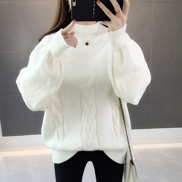 

women's sweaters knitted solid turtleneck sweater women lantern sleeve pullovers autumn winter ladies casual jumper, White;black