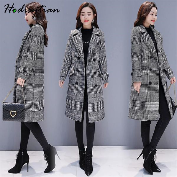 

hodisytian winter women wool blends plaid trench coat elegant outerwear casual loose thick cardigan female cashmere overcoat y190926, Black