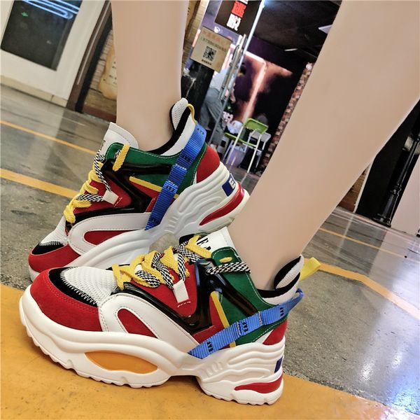 

height increasing women casual shoes white platform sneakers chunky sneakers dad shoes cushioning footwear basket femme, Black;white
