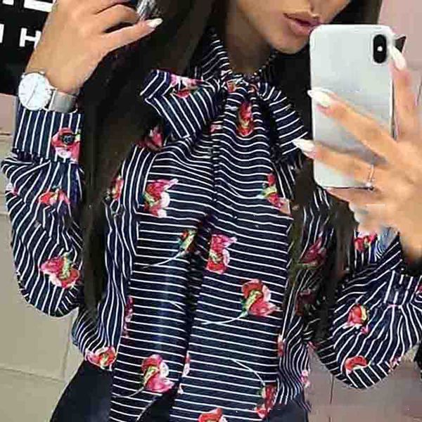 

women summer long sleeve striped printed floral elegant blouse office ladies casual european style knot chiffon shirt sj2981m, White