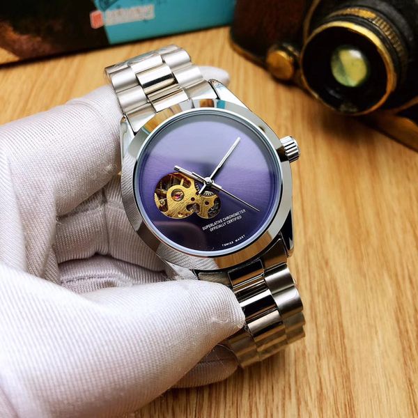 

fashion watches dial quality mechanical full band gold 39mm for automatic stainless steel flywheel watch men mens gift relogio maii, Slivery;brown