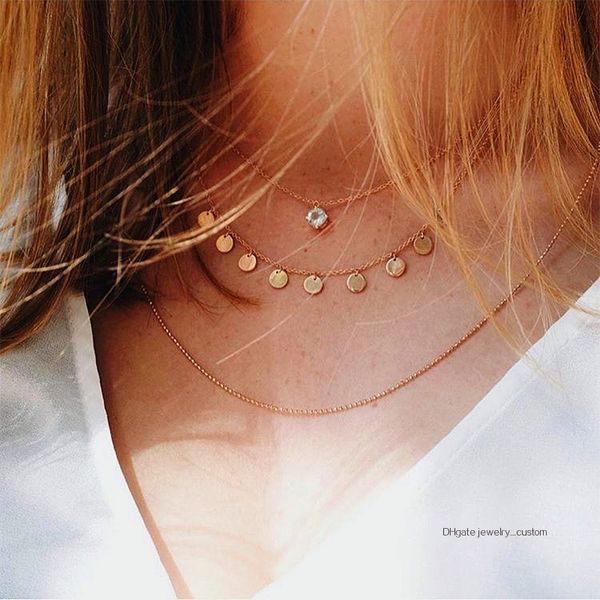 

Bohemian Exquisite Round Crystal Pendant Multilayer Simple Gold Necklace Women Charm Clavicle Chain Jewelry Accessories