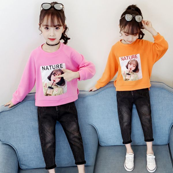

jmffy 2019 infant baby girls clothes sets long sleeve kids pullover sport children clothing autumn denim pants girl suits 4-15t, White