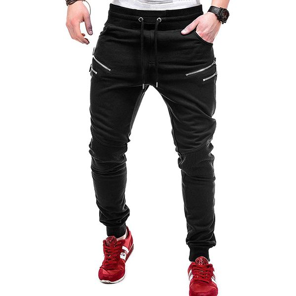 

men's pants isurvivor 2021 zipper stitching drawstring sports trousers fashion slim feet, Black