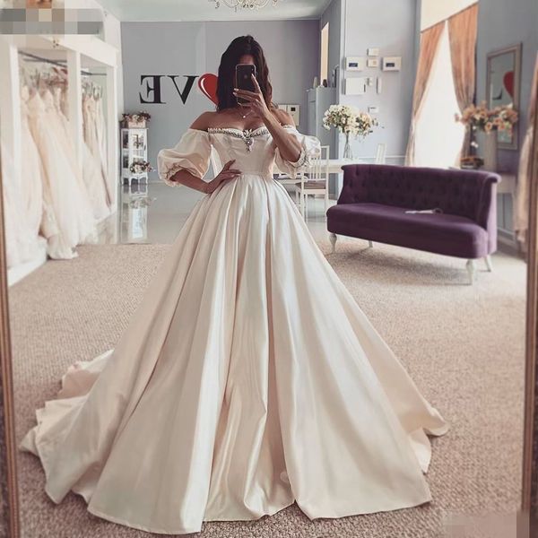 

vestido de novia boho wedding dresses beading sweetheart 3/4 sleeves off the shoulder satin ball gown wedding dresses 2020 bride dress, White