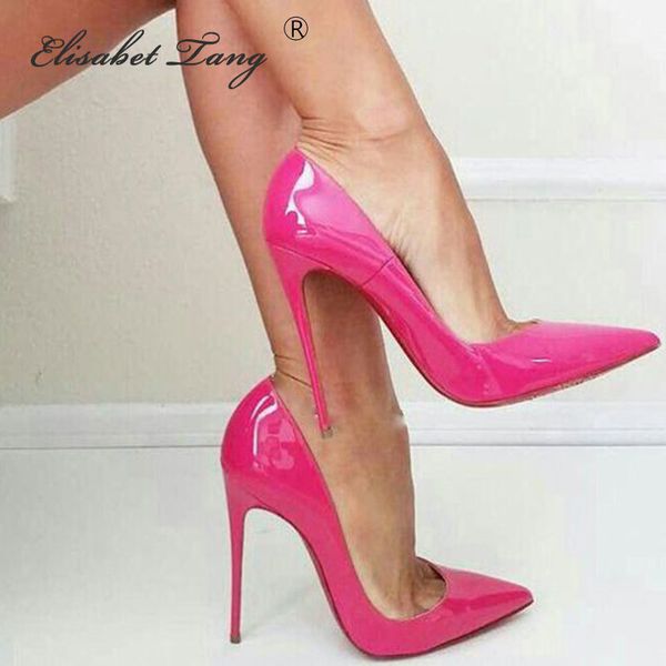 

elisabettang pink patent leather high heel woman shoe 2019 pointed toe thin heels pumps 12cm party dress stiletto heels, Black