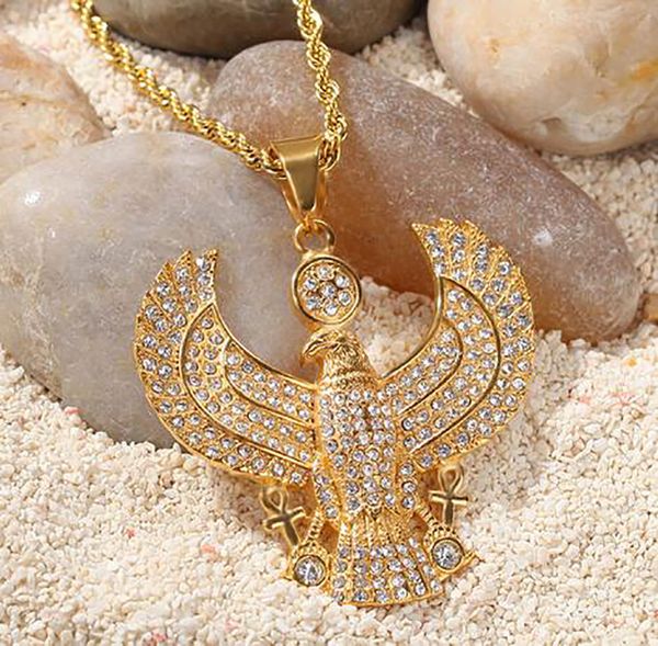 18K Gold altägyptischer Schutzadler Ankh Kreuz Anhänger 316L Edelstahl Anhänger Halskette Jesus Anhänger 24 Zoll Seilkette