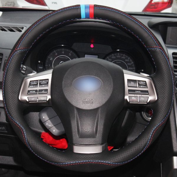 

diy hand sewing black genuine leather blue red marker steering wheel cover for subaru forester xv 2013-2015 legacy outback 2013-2014