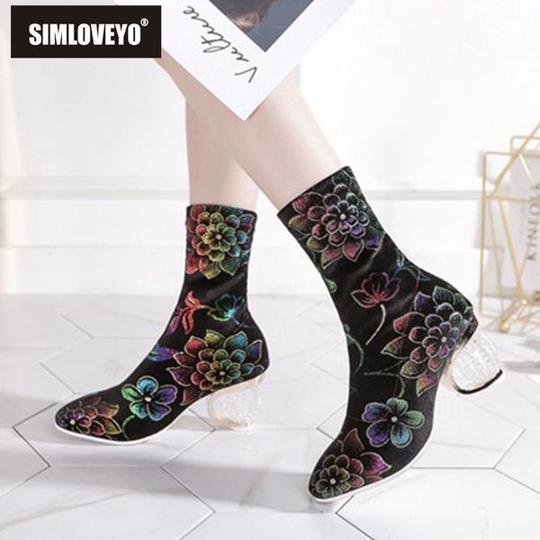 

simloveyo 2019 autumn chinese flower women mid-calf boots round toe transparent clear heels party big size 44 brand design shoes, Black