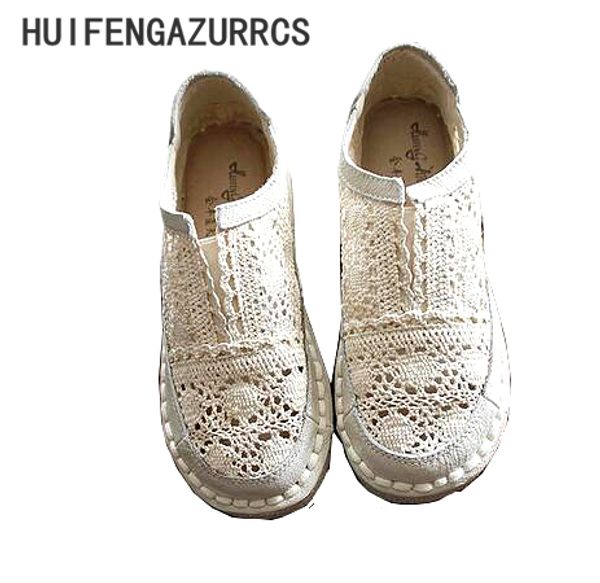 

huifengazurrcs-genuine leather shoes,pure handmade lazy shoes,lace hook ladies flower casual shoes ,sweet art flat shoes,2color y190704, Black