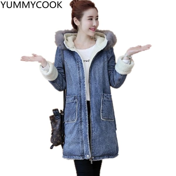 

winter new women's medium long denim cotton jacket plus velvet loose large size casual warm cotton clothing women's jacket f348, Black