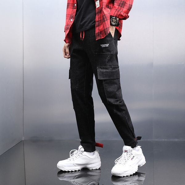 

мульти карманные джинсы мужская мода 2020 черные джинсы мужские свободные прямые трубки heren broeken, Blue