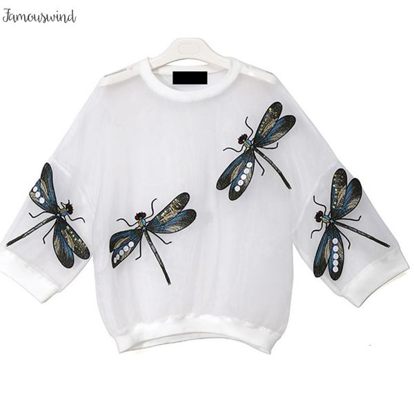 

black t shirt ljt1723 t shirt women polyester embroidery sheer kawaii tee plus size t shirt chemise femme new dragonflies, White