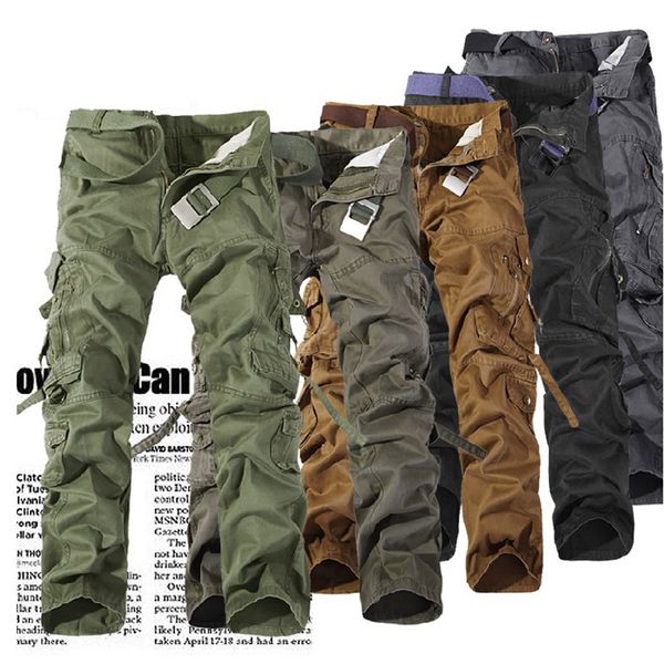 

men casual pants fashion work loose multi pockets middle waist straight trousers durable tactical combat joggers khaki, Black